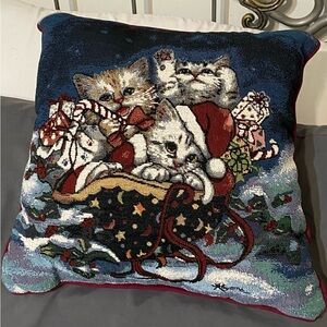 Adorable Christmas Kittens Pillow with Silver Sparkle Throughout 16”x16” Square